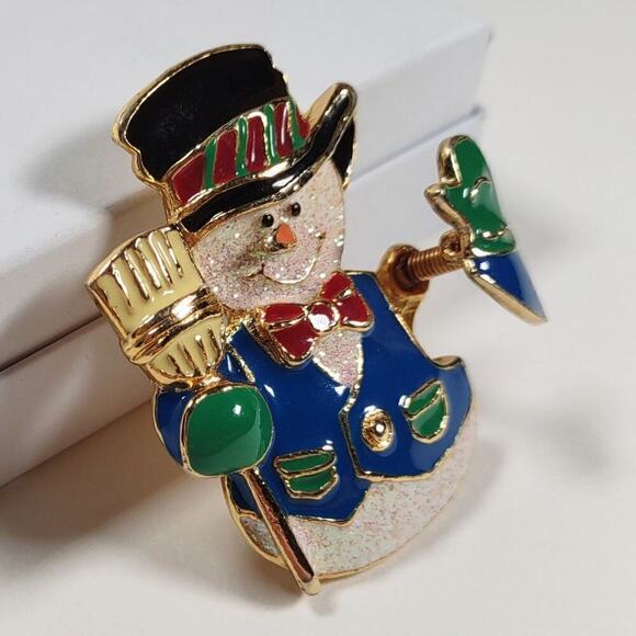 Vintage 90's Enamel SFJ Signed Waving Snowman Brooch - Picture 3 of 11